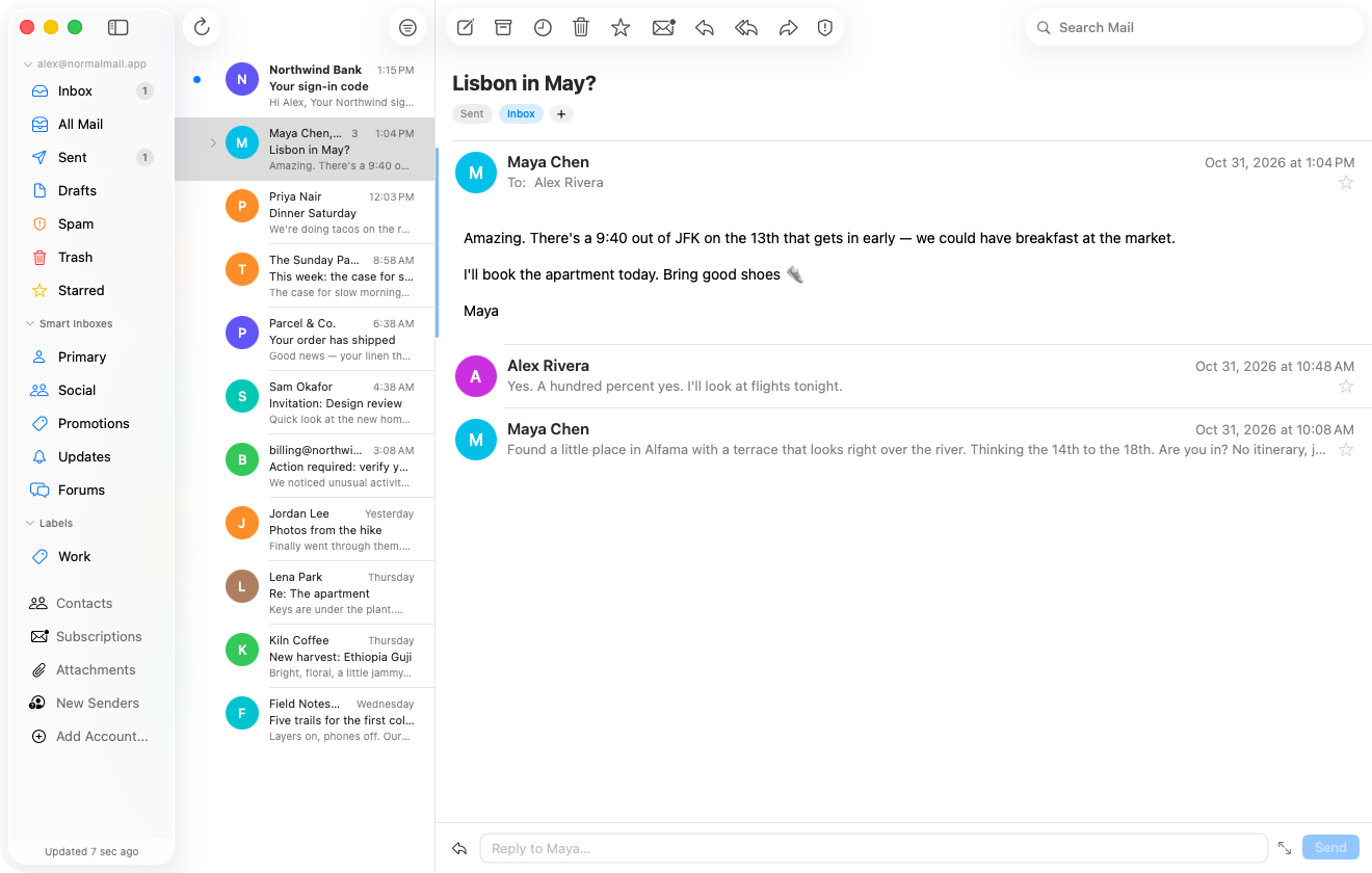 Normal Mail's window: mailboxes on the left, the inbox in the middle, and an open sign-in email with its code ready to copy